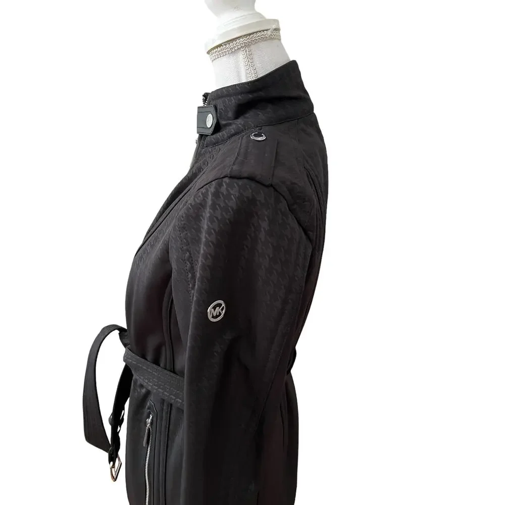 Michael Kors Weatherproof Belted Jacket Black Houndstooth Print S